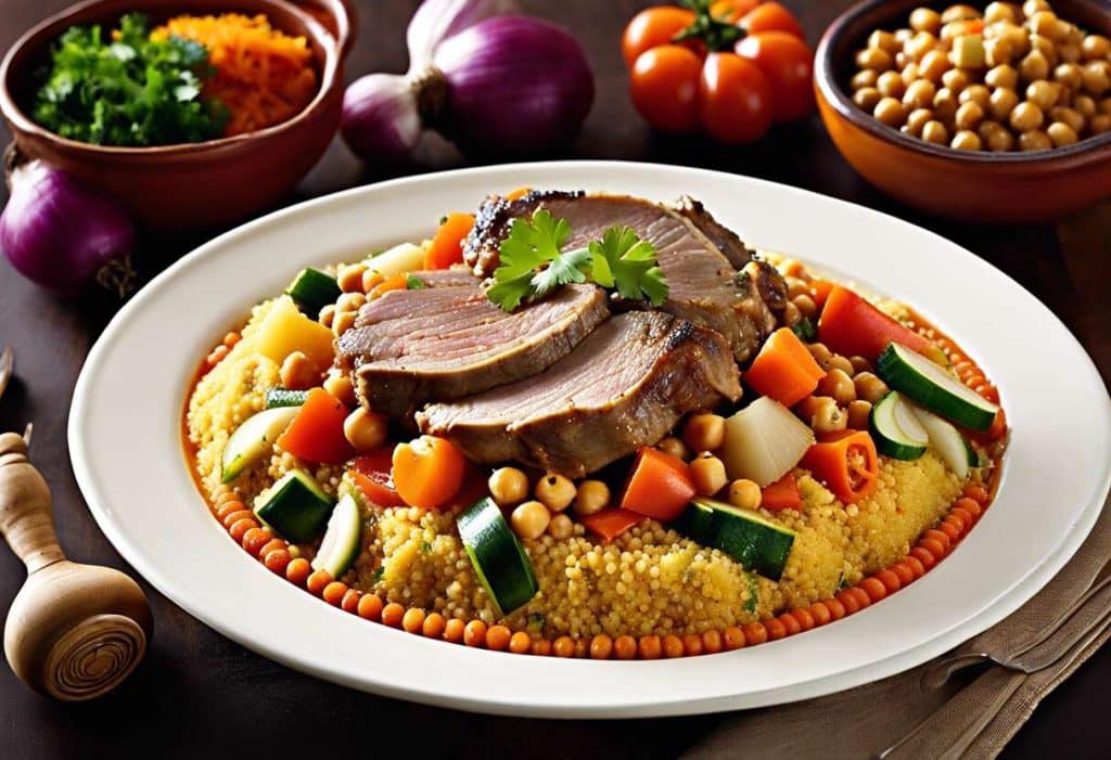 Couscous royal marocain : agneau, légumes et semoule épicée