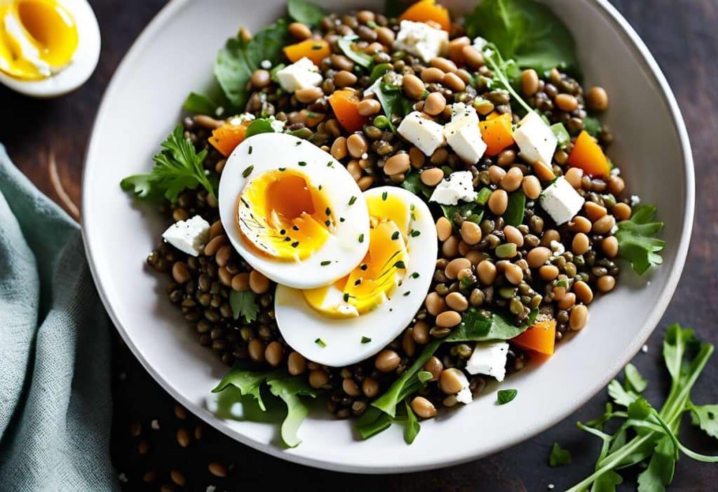 Comment préparer une salade de lentilles à la feta et œuf mollet pour un repas sain et gourmand ?