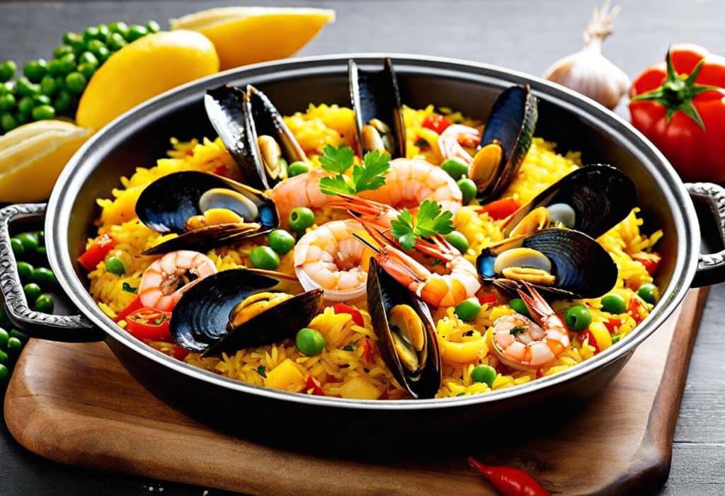 Paella authentique espagnole : mariage de fruits de mer et riz safrané
