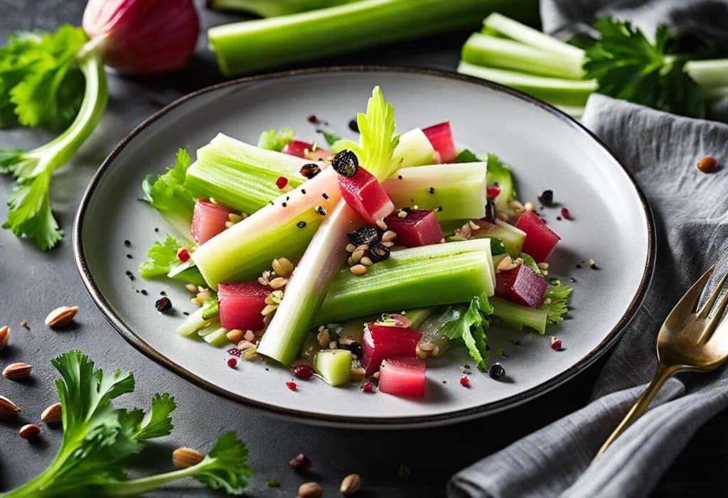 Recette de salade de céleri-branche, rhubarbe et maquereau fumé : fraîcheur et saveurs